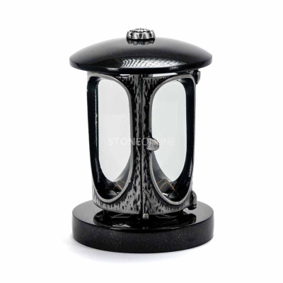 Cemetery lantern with a silver body and rosette StoneOnline – a sturdy granite light.
