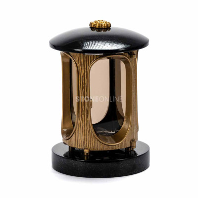 Natural stone grave lantern with gold body and rosette StoneOnline – solid memorial ornament.