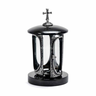 Cemetery lantern silver StoneOnline – elegant and sturdy, with silver body and small cross.