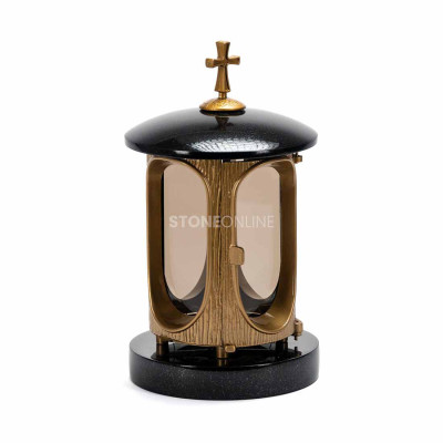 Granite headstone lantern with a gold body and cross StoneOnline – a durable cemetery light.
