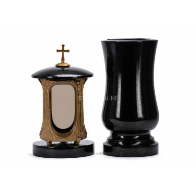 Beautiful cemetery granite set LALUMCROSSGOLD + WSTANDARD15 – gold lantern with cross and classic vase StoneOnline.