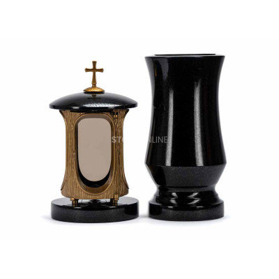 Beautiful cemetery granite set LALUMCROSSGOLD + WTRENDY15 – gold lantern with cross and slim vase StoneOnline.