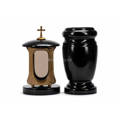 Exceptionally elegant cemetery granite set LALUMCROSSGOLD + WELEGANT15 – gold lantern and stylish vase StoneOnline.