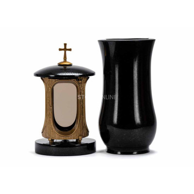 Beautiful cemetery granite set LALUMCROSSGOLD + WCLASSIC15 – gold lantern with cross and classic vase StoneOnline.