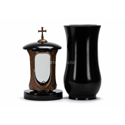 Beautiful cemetery granite set LALUMCROSSCOPPER + WCLASSIC15 – copper lantern with cross and classic vase StoneOnline.