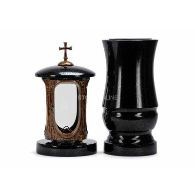 Beautiful cemetery granite set LALUMCROSSCOPPER + WMODERN15 – copper lantern with cross and modern vase StoneOnline.