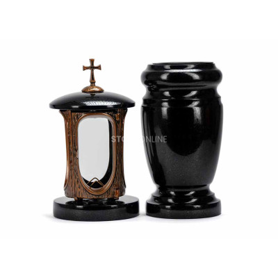 Beautiful cemetery granite set LALUMCROSSCOPPER + WELEGANT15 – copper lantern with cross and elegant vase StoneOnline.