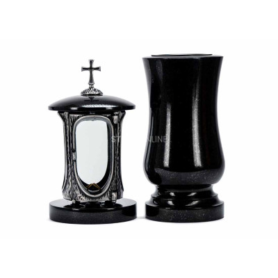 Beautiful cemetery granite set LALUMCROSSSILVER + WSTANDARD15 – silver lantern with cross and classic vase StoneOnline.