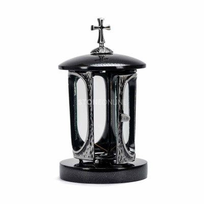 Elegant granite cemetery set – silver lantern with decorative cross and a slim, modern vase.