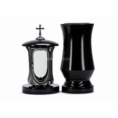 Beautiful cemetery granite set LALUMCROSSSILVER + WTRENDY15 – silver lantern with cross and slim vase StoneOnline.