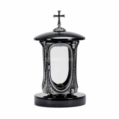 Durable natural granite cemetery set – silver lantern for a votive and a sturdy vase for long flowers.