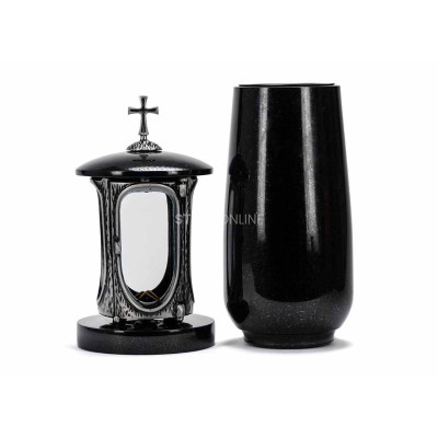 Beautiful cemetery granite set LALUMCROSSSILVER + WBASIC15 – silver lantern with cross and tall flower vase.