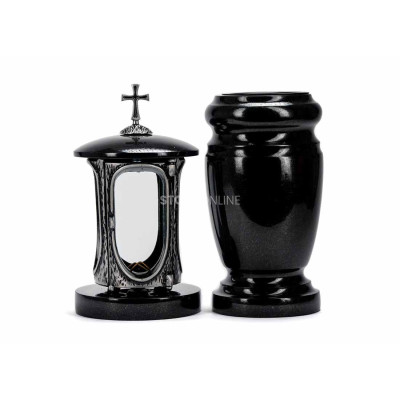 Beautiful cemetery granite set LALUMCROSSSILVER + WELEGANT15 – silver lantern with cross and elegant vase StoneOnline.