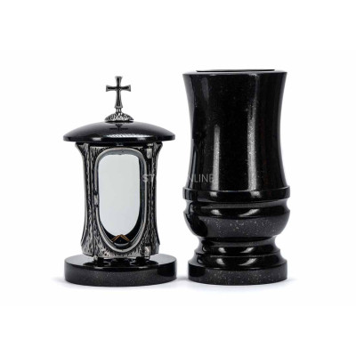 Beautiful cemetery granite set LALUMCROSSSILVER + WDELUX15 – silver lantern with cross and decorative vase StoneOnline.