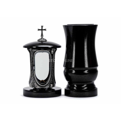 Modern granite cemetery set LALUMCROSSSILVER + WMODERN15 – silver cross lantern and stylish vase StoneOnline.