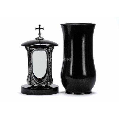 Beautiful cemetery granite set LALUMCROSSSILVER + WCLASSIC15 – silver lantern with cross and classic vase StoneOnline.