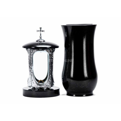 Modern granite cemetery set LALUMCROSSINOX + WCLASSIC15 – INOX cross lantern and classic vase StoneOnline.