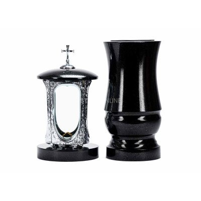 Modern granite cemetery set LALUMCROSSINOX + WMODERN15 – chrome cross lantern and stylish vase StoneOnline.