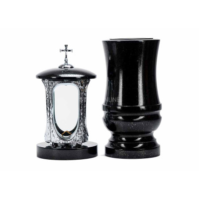 Elegant granite cemetery set LALUMCROSSINOX + WDELUX15 – modern INOX lantern and ornate vase by StoneOnline.