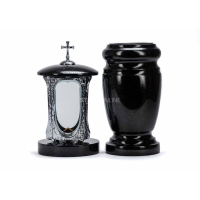 Beautiful cemetery granite set LALUMCROSSINOX + WELEGANT15 – modern INOX lantern and elegant vase StoneOnline.