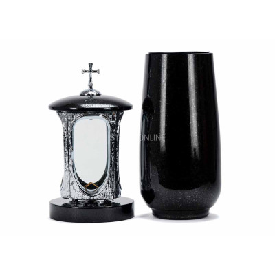 Modern granite cemetery set LALUMCROSSINOX + WBASIC15 – chrome cross lantern and tall vase StoneOnline.