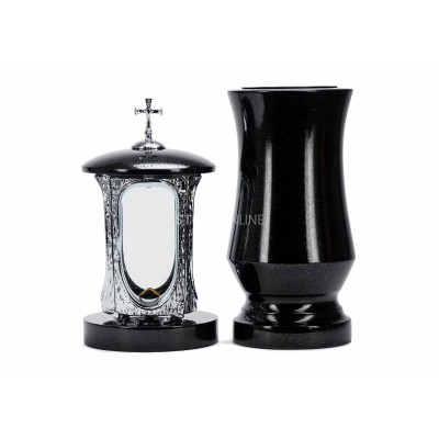 Modern granite cemetery set LALUMCROSSINOX + WTRENDY15 – chrome cross lantern and slender vase StoneOnline.