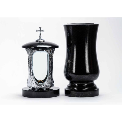 Beautiful cemetery granite set LALUMCROSSINOX + WSTANDARD15 – chromed lantern with cross and classic vase StoneOnline.