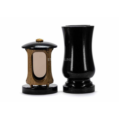 Beautiful cemetery granite set LALUMROSETTEGOLD + WSTANDARD15 – gold lantern with rosette and classic vase StoneOnline.