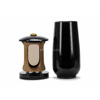 Beautiful cemetery granite set LALUMROSETTEGOLD + WBASIC15 – gold lantern with rosette and tall flower vase.