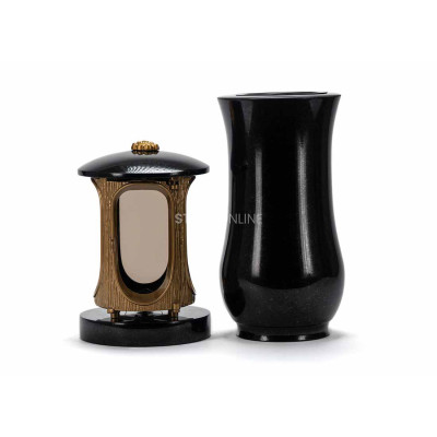 Beautiful cemetery granite set LALUMROSETTEGOLD + WCLASSIC15 – gold lantern with rosette and classic vase StoneOnline.
