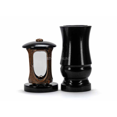 Modern granite cemetery set LALUMROSETTECOPPER + WMODERN15 – copper rosette lantern and stylish vase StoneOnline.