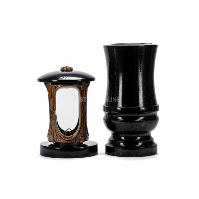 Beautiful cemetery granite set LALUMROSETTECOPPER + WDELUX15 – lantern with copper rosette and elegant flower vase.
