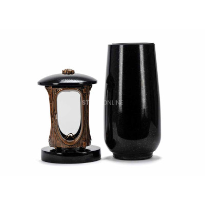 Beautiful cemetery granite set LALUMROSETTECOPPER + WBASIC15 – lantern with copper rosette and tall flower vase.