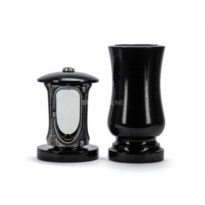 Granite set LALUMROSETTESILVER + WSTANDARD15 for the cemetery – silver rosette lantern and classic StoneOnline vase.