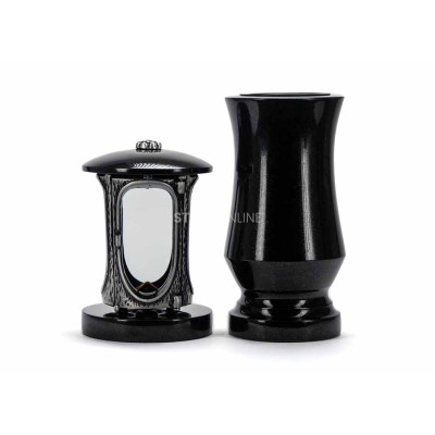 Modern granite cemetery set LALUMROSETTESILVER + WTRENDY15 – silver lantern for a candle and a slender flower vase.