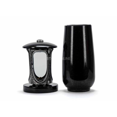 Beautiful cemetery granite set LALUMROSETTESILVER + WBASIC15 – silver candle lantern and tall flower vase.