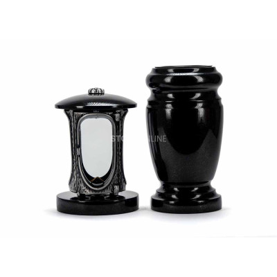 Beautiful cemetery granite set LALUMROSETTESILVER + WELEGANT15 – silver candle lantern and elegant flower vase.
