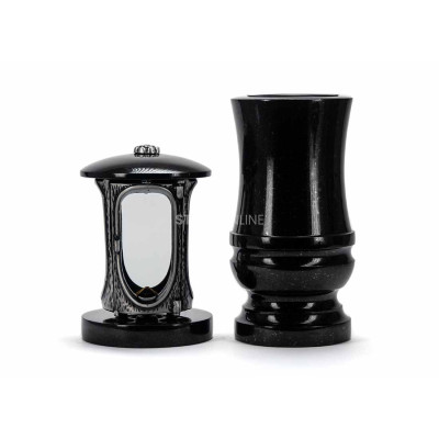 Beautiful cemetery granite set LALUMROSETTESILVER + WDELUX15 – silver candle lantern and elegant flower vase.