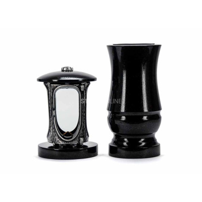 Modern granite cemetery set LALUMROSETTESILVER + WMODERN15 – silver lantern for a candle and a stylish flower vase.
