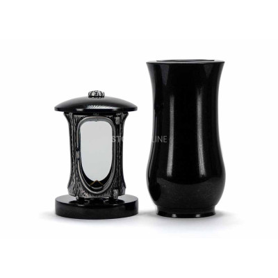 Beautiful cemetery granite set LALUMROSETTESILVER + WCLASSIC15 – silver candle lantern and classic flower vase.