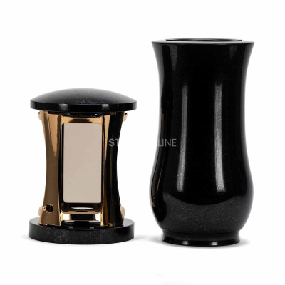 Beautiful cemetery granite set MIRROW ROUND GOLD + WCLASSIC15 – gold mirror‑effect lantern and vase StoneOnline.