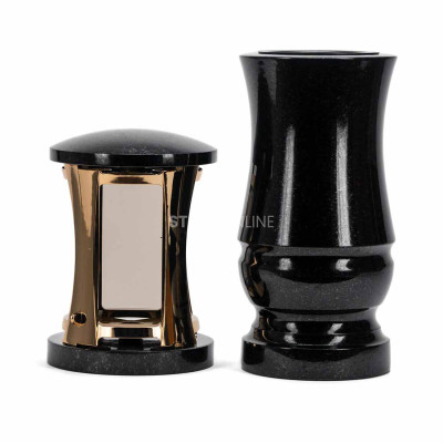Modern granite cemetery set MIRROW ROUND GOLD + WMODERN15 – golden lantern and flower vase. StoneOnline