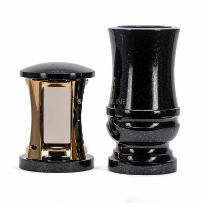 Beautiful cemetery granite set MIRROW ROUND GOLD + WDELUX15 – gold mirror‑effect lantern and elegant flower vase.