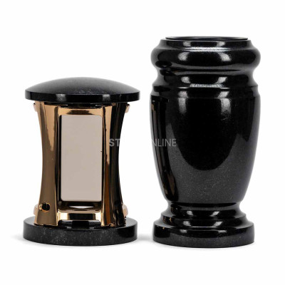 Beautiful cemetery granite set MIRROW ROUND GOLD + WELEGANT15 – gold mirror‑effect lantern and elegant flower vase.