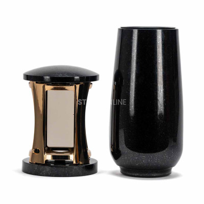 Beautiful cemetery granite set MIRROW ROUND GOLD + WBASIC15 – gold mirror‑effect lantern and tall flower vase.