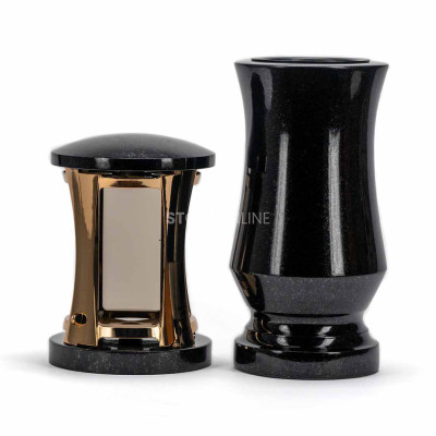 Beautiful cemetery granite set MIRROW ROUND GOLD + WTRENDY15 – gold mirror‑effect lantern and slim flower vase.