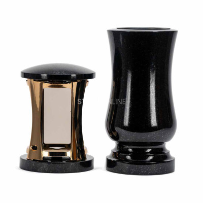Beautiful cemetery granite set MIRROW ROUND GOLD + WSTANDARD15 – gold lantern and classic flower vase.