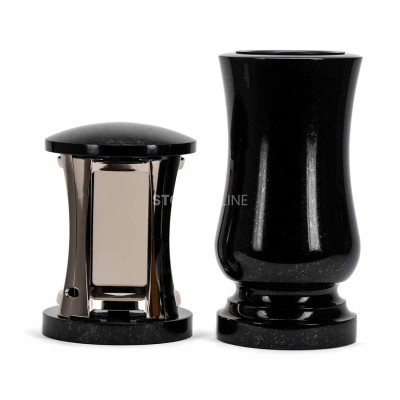Beautiful cemetery set MIRROW ROUND SILVER + WSTANDARD15 – silver candle lantern and classic flower vase.