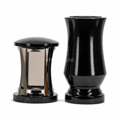 Modern cemetery set MIRROW ROUND SILVER + WTRENDY15 – silver lantern and a slender flower vase.