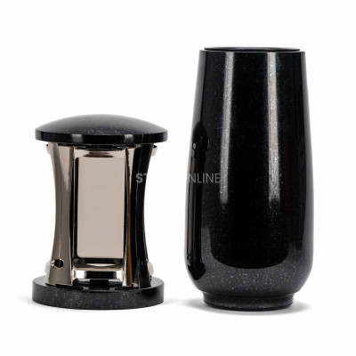 Beautiful cemetery set MIRROW ROUND SILVER + WBASIC15 – silver lantern and tall flower vase.